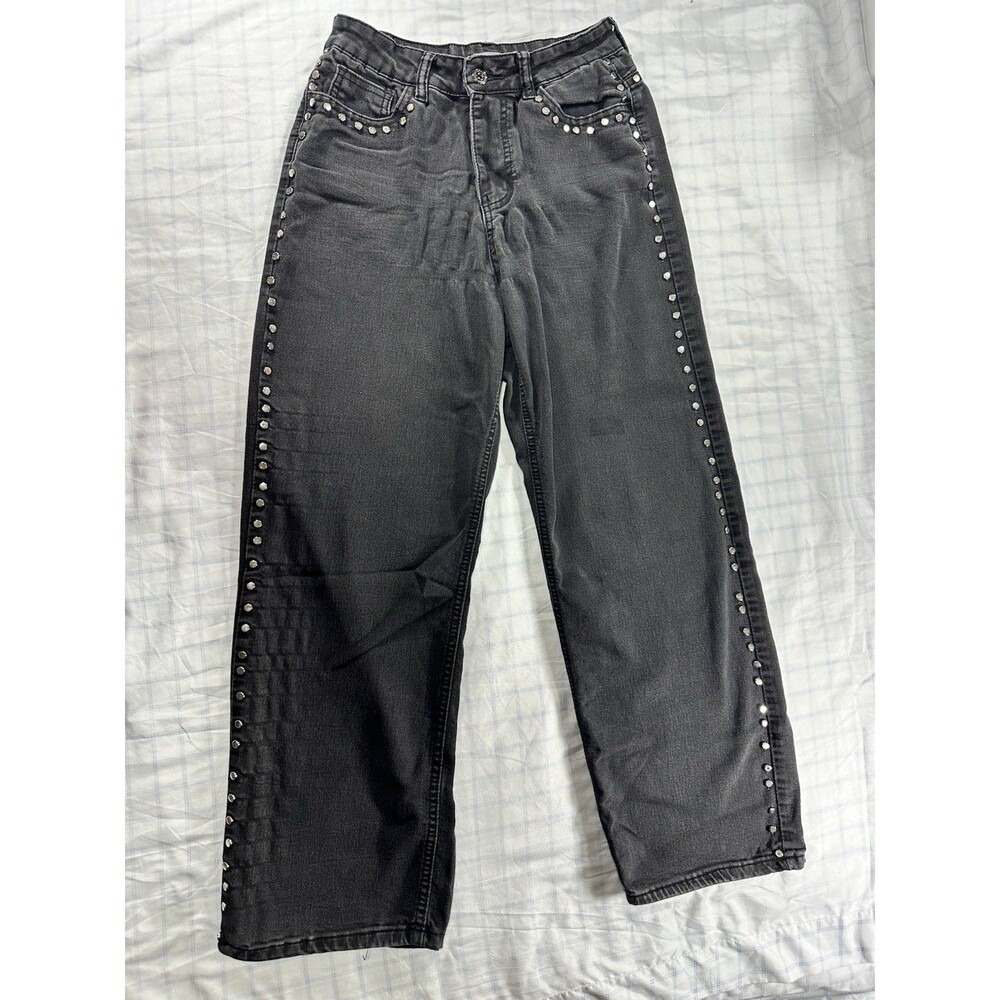 Celebrity Pink Studded Wide Leg Jeans Black Wash Size 7/28 Distressed Edgy